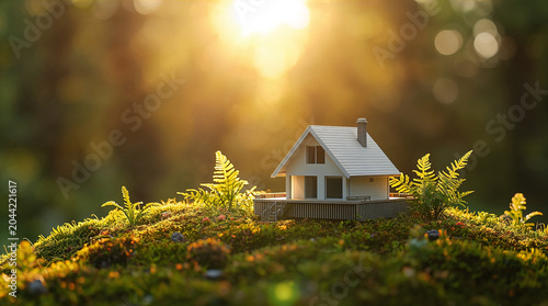 Eco Friendly Dream Home on Green Moss at Sunrise – Sustainable Real Estate Investment Concept