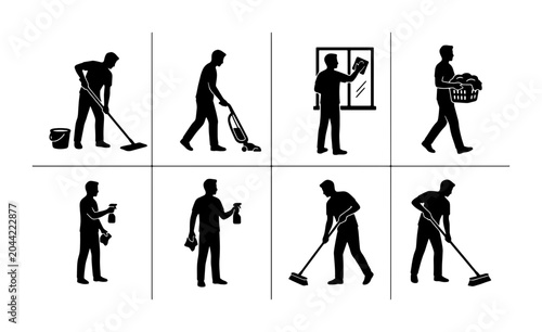 Fotografia Home Cleaning Service Icons, Housekeeping Vector Set, Domestic Chores Silhouette
