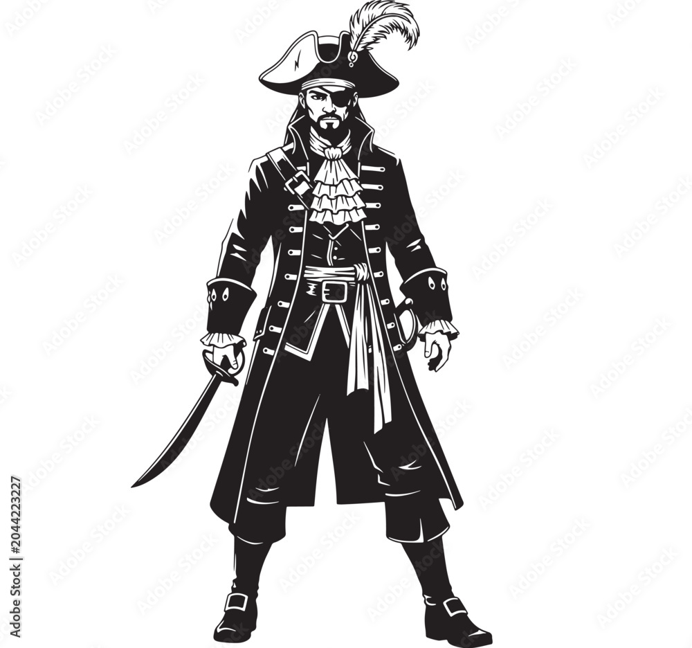 Obraz premium Pirate in black and white illustration with sword for Halloween party