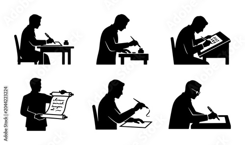 Billede på lærred Calligraphy and Writing Silhouettes: Six Diverse Poses of Scribes, Artists, and