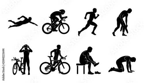 Triathlon Sports Icons, Multi-Sport Athlete Silhouette Collection, Swimming, Cycling, Running, Transition Actions Vector Set