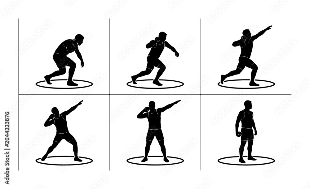 Fototapeta premium Shot Put Athlete Silhouettes, Six Poses Vector Set, Athletic Competition Action Graphics, Track and Field Sports Illustration