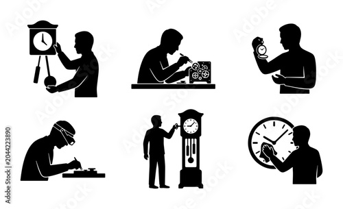 Vászonkép Clockmaker Silhouettes, Watchmaker Icons, Timepiece Repair Set, Vintage Clock Me