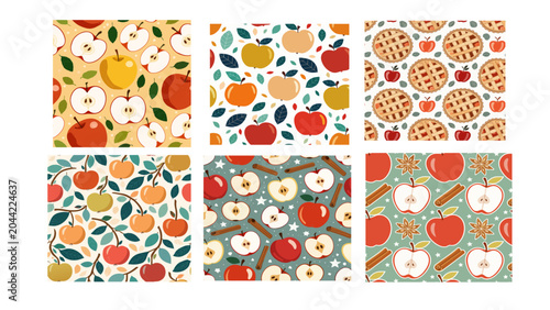 A collection of six fall apple designs featuring whole apples, slices, cinnamon, pies, branches, and leaves in warm seasonal colors. Clean, simple artwork for autumn projects