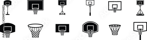 Diverse basketball hoops and backboards, portable and fixed structures for courts and training, sports equipment and game elements.