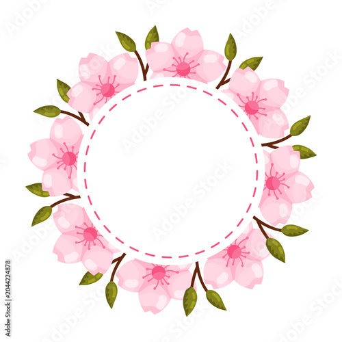 Pink Cherry Blossom Full Wreath Dashed Border