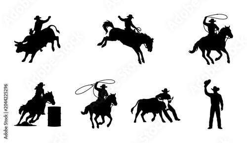 Bild auf Leinwand Western Rodeo Cowboy Silhouettes, Bull Riding, Horse Racing, Lassoing Action, Ve