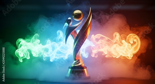 A shiny trophy with a soccer ball on top surrounded by colorful smoke effects in the background