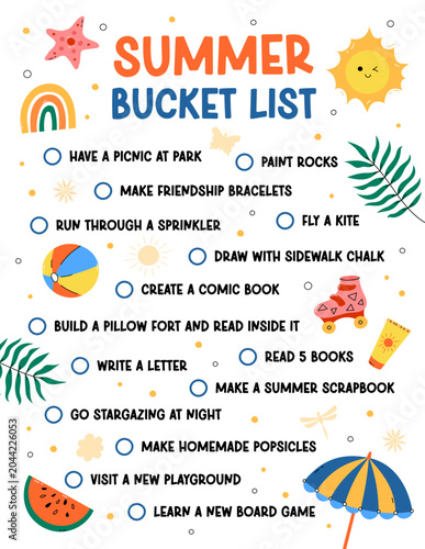 Summer bucket list. Summer break activity for kids and family. Fun things to do checklist for children. Colorful printable worksheet with playful summertime and beach elements. Vector illustration