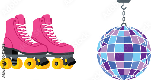 Roller Skates Pink with Yellow Wheels Next to a Hanging Disco Ball, Representing Retro Disco Fun and Party Vibes.