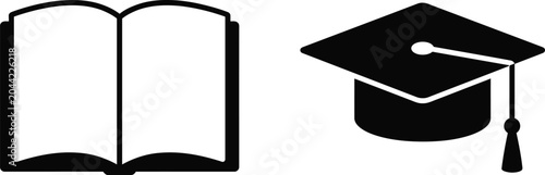 Foto Book Open Page and Graduation Cap Icons with Black Fill and Minimalist Design for Education or Learning