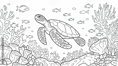 Sea turtle gliding gracefully over cracked seabed in black and white sketch style illustration
