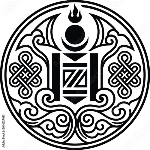 Cuadro en lienzo A intricate monochrome emblem featuring traditional mongolian soyombo symbol with intricate adorning patterns