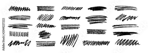 Hand drawn crayon scribble pencil lines, chalk stroke, squiggles. Vector charcoal swirls, marker, pen, brushstroke on doodle style lines. Horizontal underline strokes with rough edges collection