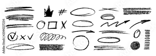 Crayon scribble line with hand drawn chalk, pencil, pen and charcoal texture. Doodle with highlight brush stroke and circle mark. Vector check crayon with sketch squiggle line.