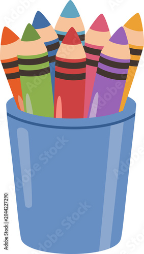 Colorful Wax Crayons in Holder Illustration, Cute Cartoon Crayons in Blue Cup, Pastel Kids Color Pencils Isolated for Back to School and Art Craft Design