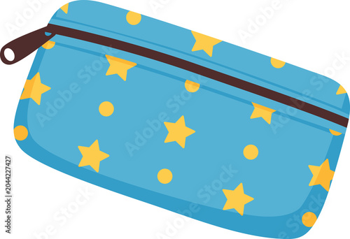 Cute Blue Pencil Case Illustration, Cartoon Yellow Stars Pencil Pouch, Pastel Blue Cosmetic Bag with Zipper Isolated for Back to School and Stationery Design