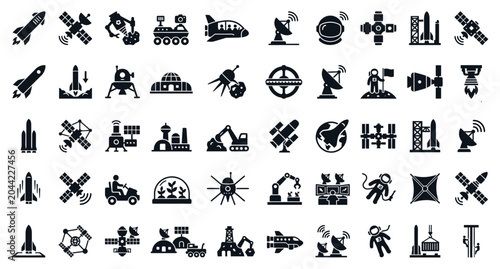 Bild auf Leinwand A clean layout grid of 50 distinct vector silhouette icons showcasing the Private Space Economy and Exploration