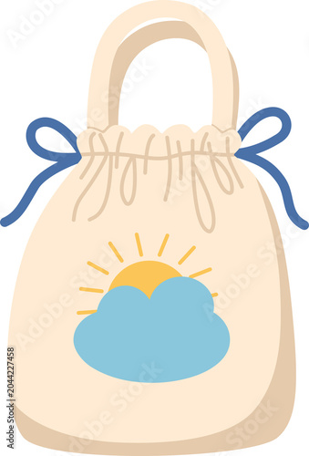 Cute Drawstring Tote Bag Illustration, Cartoon Fabric Pouch with Sun and Cloud, Pastel Canvas Eco Bag Isolated for Shopping and Fashion Design
