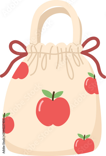 Cute Drawstring Tote Bag Illustration, Cartoon Fabric Pouch with Red Apple Pattern, Pastel Canvas Eco Bag Isolated for Shopping and Casual Fashion Design