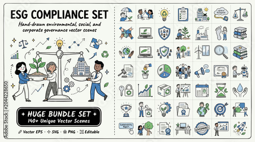 ESG compliance icons, environmental sustainability symbols, social responsibility graphics, governance vector set