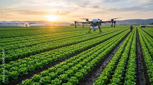Agricultural drone hovering over green lettuce field spraying crops at sunset