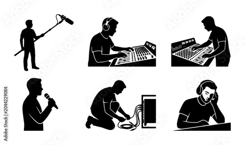 Foto Audio Production Icons Set: Sound Engineer, Microphone, Mixer, Cables, Headphone