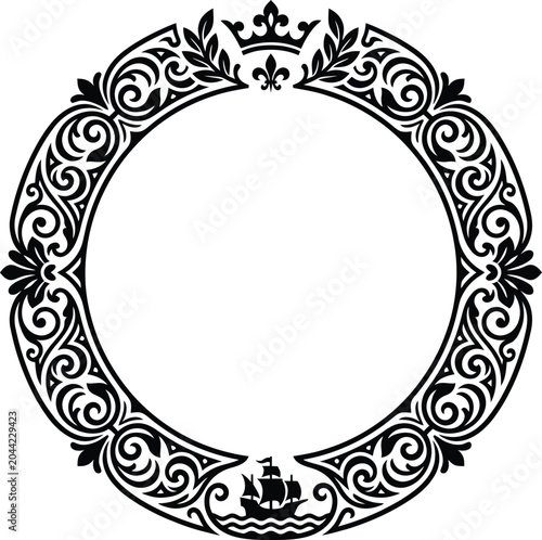An ornate circular embellishing frame featuring a elaborate royal crown at the prime and a small sailing ship at the bottom.