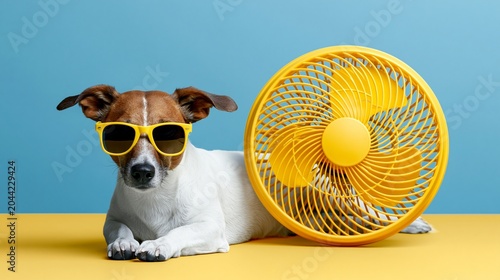 Funny portrait of a dog wearing sunglasses next to a yellow fan