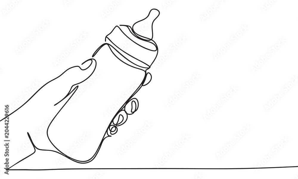 Obraz premium Hand holding a baby feeding bottle One Line Continuous Style.