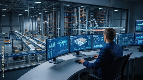 Logistics manager monitoring automated warehouse operations from control room with multiple screens displaying data analytics and conveyor belt systems