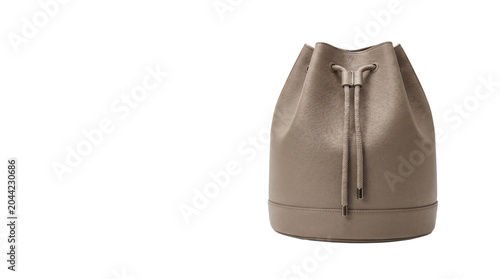 Minimalist leather bucket bag in taupe, elegant drawstring cinch purse with pebbled texture, luxury fashion accessory for modern women isolated PNG with Transparent Background