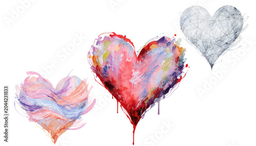 Watercolor heart colorful heart red heart pastel heart abstract heart painted heart romantic art love symbol watercolor heart trio with colorful