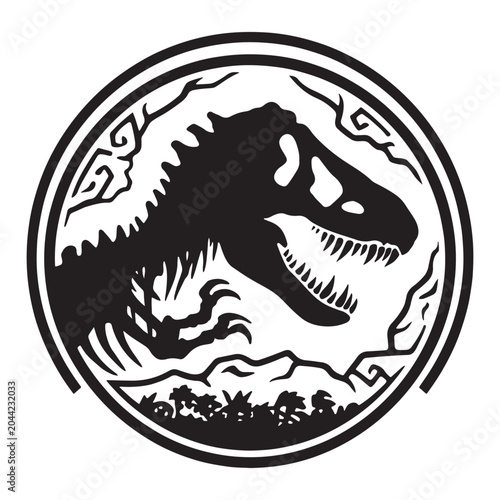 Black and white round icon of a dinosaur skeleton