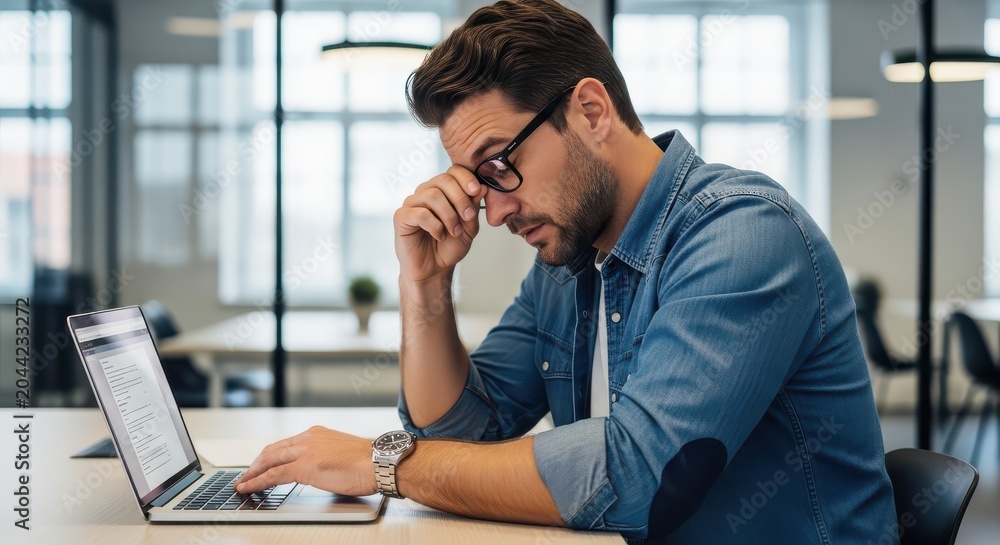 Obraz premium Stressed Businessman Working on Laptop in Modern Office Feeling Overwhelmed and Tired with Headache