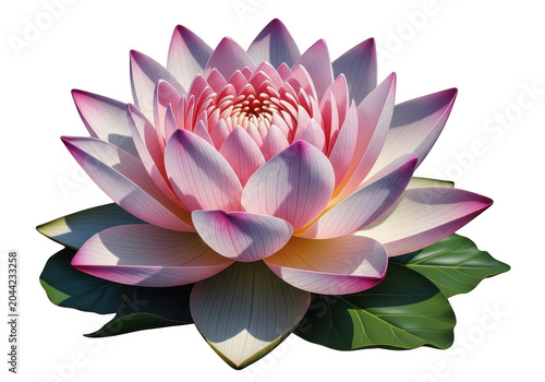 A single pink and white lotus flower in full bloom with green leaves, isolated against a solid black background