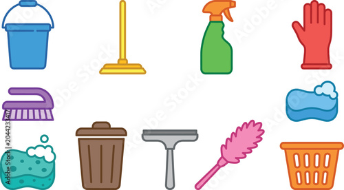 Photos Assorted cleaning supplies arranged neatly with a bucket and spray bottle for do