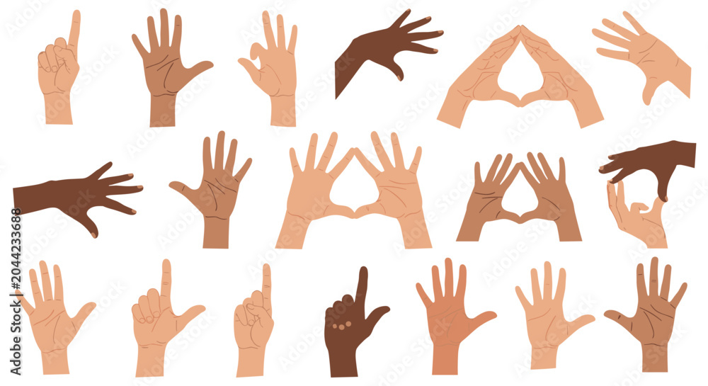 Fototapeta premium Large set of human hand gestures showing various counts, signals, and symbols including counting and pointing with different skin tones.