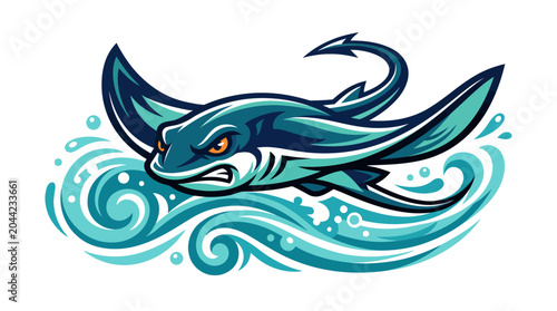 Powerful stingray mascot swimming through blue ocean waves