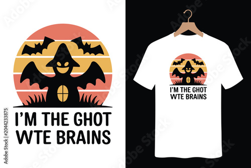 Фотография Retro sunset graphic design with bat ghost creature and witty text for holiday a