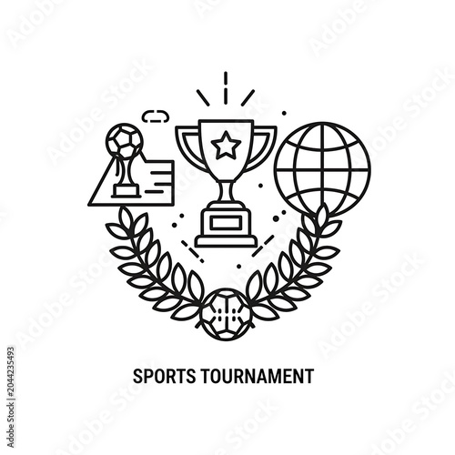 Vector illustration of a sports tournament celebration with trophies and medals.