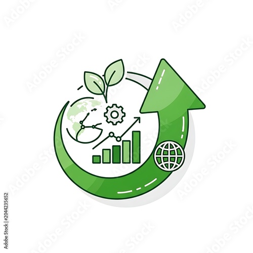 Green recycling symbol with office supplies and plant.