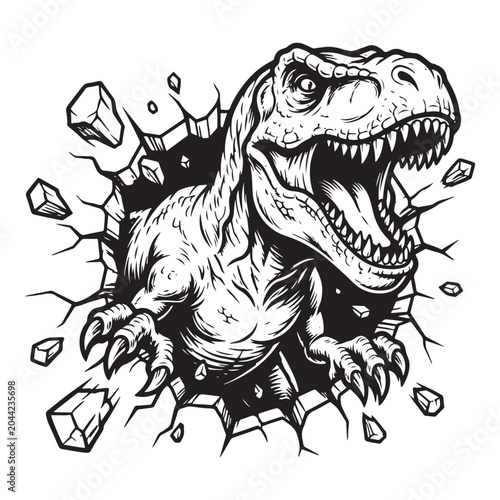 Fierce t-rex dinosaur breaking through a brick wall