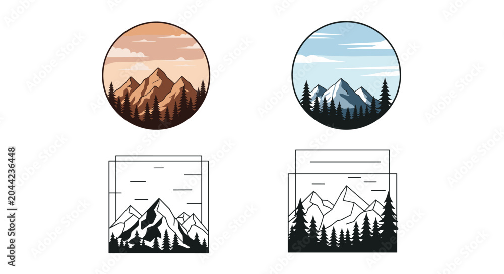 Fototapeta premium Set of four stylized mountain landscape logos in circular and square frames with pine trees and cloudy sky.