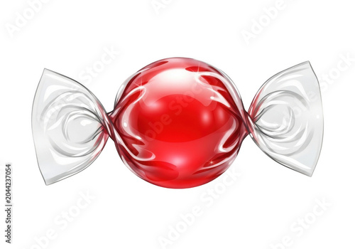 A single round red candy wrapped in transparent crinkled plastic foil, isolated on a solid black background, digital