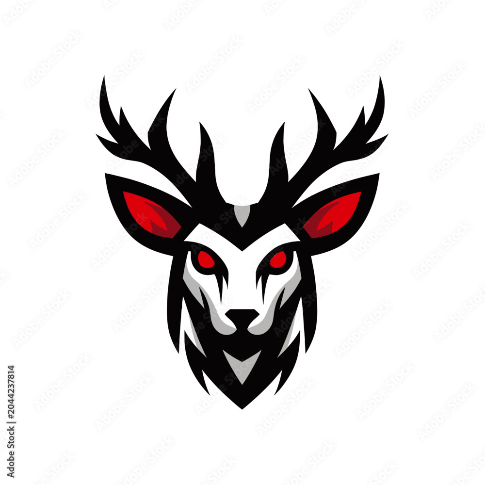 Fototapeta premium A striking, stylized illustration of a deer's head with glowing red eyes and sharp black antlers.