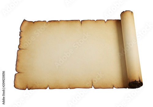 A single sheet of aged, tan parchment paper with rough, torn edges, partially rolled on the right side against a solid black background