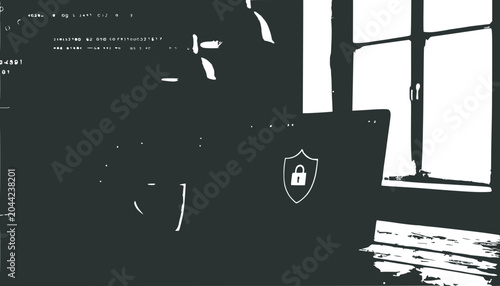 Cybersecurity Concept: Laptop with Padlock Shield Icon, Home Office Security, Digital Protection