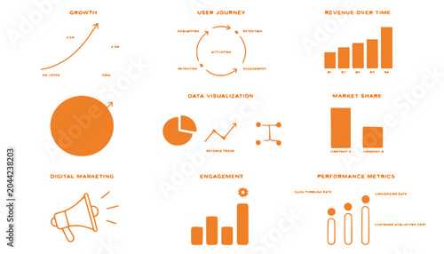 Business Growth and Marketing Analytics Icons: Data Visualization, Market Share, User Journey