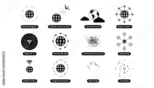 Global Network Icons: Connectivity, Communication, and Digital World Concepts